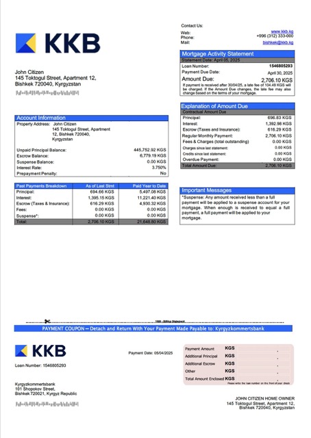 Download Kyrgyzstan Kyrgyzkommertsbank mortgage statement Word and PDF template Photoshop template